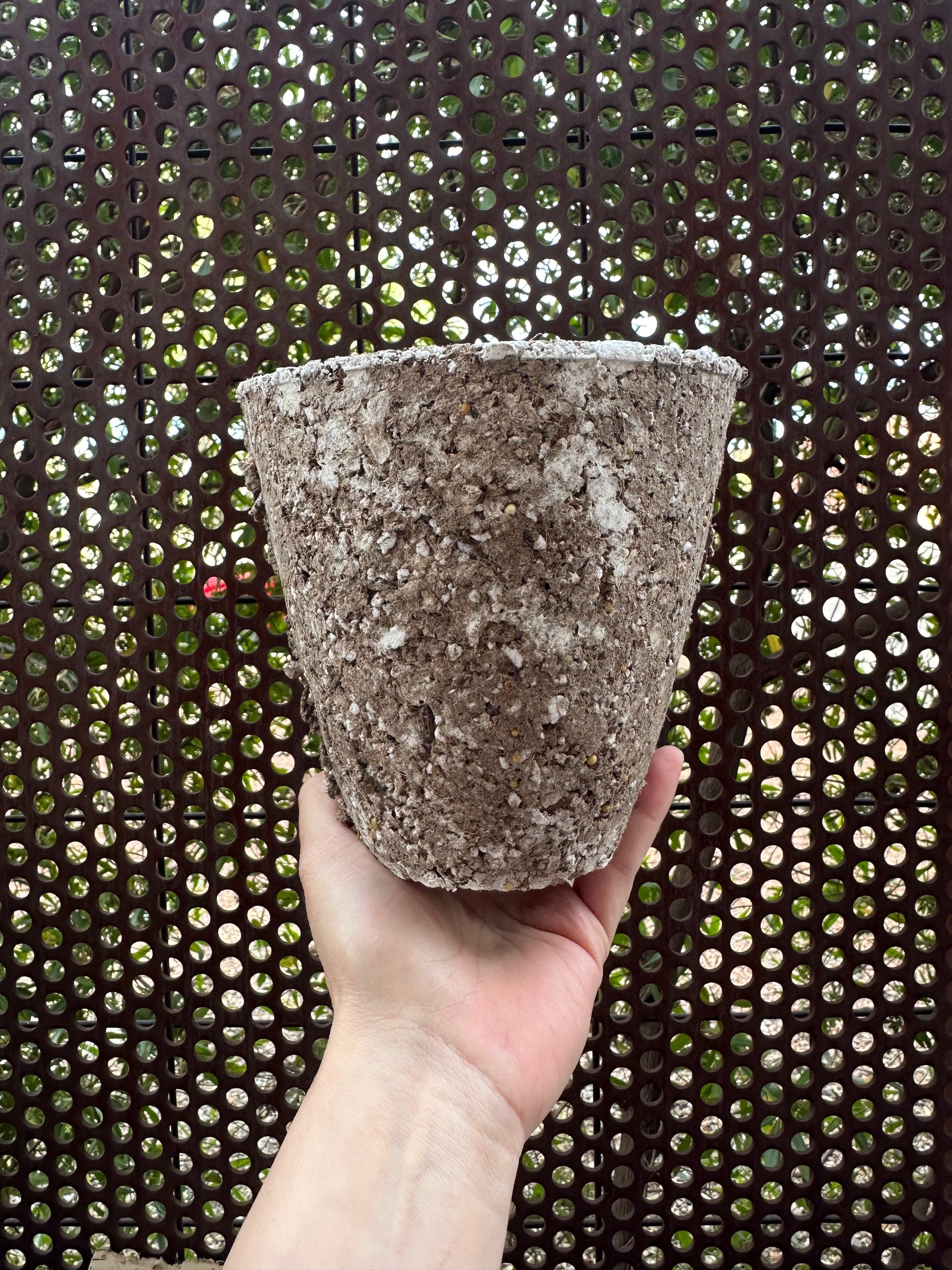 Hand holding a piece of soil over a textured surface with green and brown colors, made to plant ashes and make them part of a plant. Afterleaf Eco Urn.